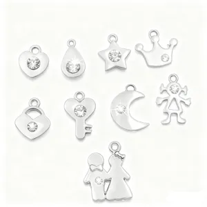 Ensemble de pendentifs en métal strass argenté, cœur étoile couronne pour bijoux DIY.