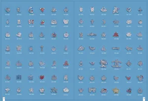 Detail view of various alloy rhinestone pendant charms catalog grid with multiple designs.