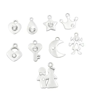 Ensemble de pendentifs en métal strass argenté, cœur étoile lune couronne pour bijoux DIY.