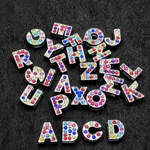 8mm colorful rhinestone alphabet letter charms for DIY handmade bracelets and phone chains.