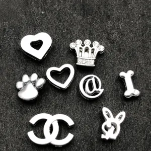 8mm silver slide charms for DIY bracelets, metal beads with rhinestones and various cute shapes.