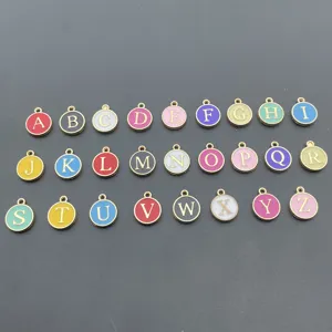 Ensemble de pendentifs alphabet en émail, breloques rondes double face en alliage DIY.