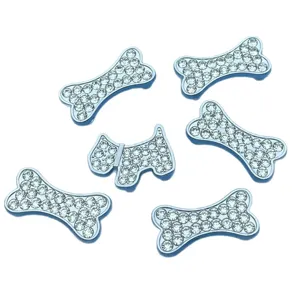 Rhinestone bone and dog shape DIY charms, silver metal full crystal accessories for pet collars.