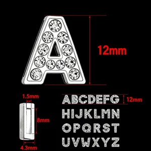 Detailed size chart of 8mm chrome rhinestone sliding letter charms for DIY keychains and jewelry.
