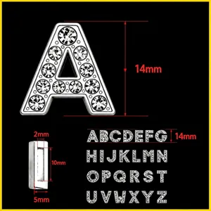 10mm rhinestone letter charm size chart, alloy crystal alphabet DIY keychain pendant details.