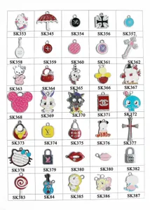 Close-up details of various alloy enamel charms and cartoon pendants with clear SKU codes.