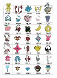 Detailed view of various alloy enamel charms and pendants with cute cartoon and luxury designs.