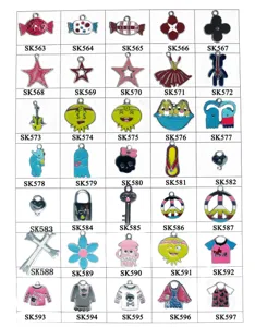 Detail view of various enamel alloy charms and pendants featuring diverse designs.