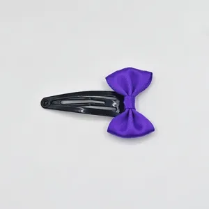 Purple satin bow hair clip detail, cute metal snap hair accessories for sweet girls daily styling.