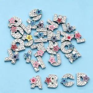 DIY metal letter charms with rhinestones and colorful stars, ideal for necklaces and bracelets.