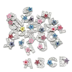 DIY rhinestone letter charms with colorful star pendants, metal alphabet jewelry accessories.