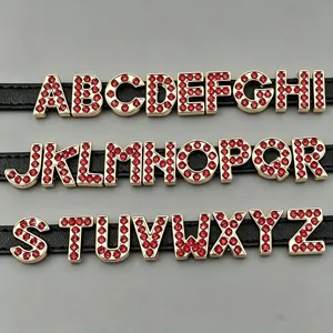 8mm gold red rhinestone slide alphabet letters for DIY jewelry making and custom bracelets.