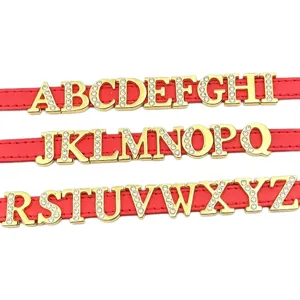 Charms de lettres de l'alphabet en strass doré 8mm sur lanières en cuir rouge pour bijoux.