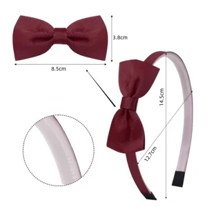 Burgundy ribbon bow and headband detail, showing precise dimensions and inner anti-slip teeth.