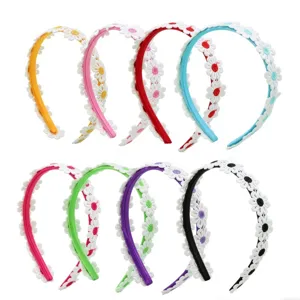 Detailed view of colorful daisy lace headbands, sweet floral hair hoops for girls fashion.