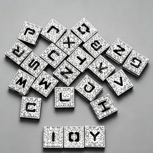 8mm rhinestone letter beads paved diamond square alphabet charms for DIY jewelry making.
