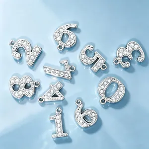 Rhinestone Number Charms DIY Pendant Silver Tone Metal 0-9 Number Necklace Bracelet Jewelry