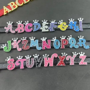 8mm slide crown letter charms for DIY leather bracelets alloy crystal alphabet pendants