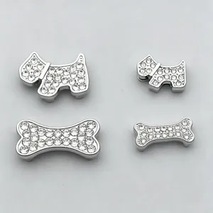 Rhinestone alloy Scottie dog and bone sliding charms for DIY pet collars and bracelets.