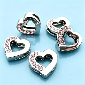 Ciondoli a cuore in argento con strass rosa, perfetti per bracciali e collane fai da te.