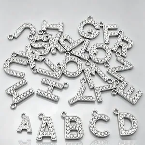 Silver rhinestone letter pendant charm for DIY necklace bracelet keychain jewelry making.