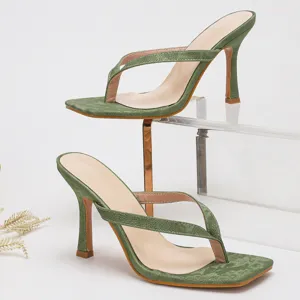 Green square-toe thong high heel sandals for women, elegant party stiletto slip-on shoes.