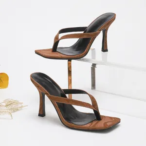 Women brown high heel thong sandals square toe sexy party stiletto shoes main view