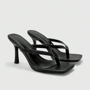 Classic black square toe thong high heels women elegant minimalist party sandals shoes
