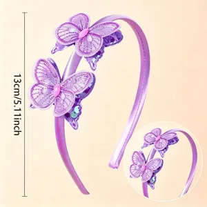 Purple satin sequin butterfly headband detail view showing elegant design and 13cm size.