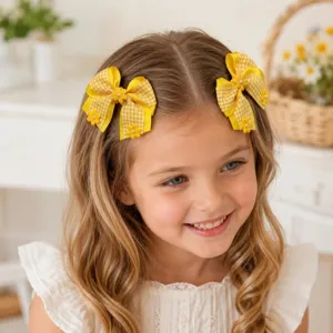 Yellow plaid hair bows for girls, grosgrain ribbon clips with cute pearl and flower details.