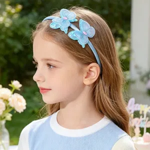 Blue satin sequin butterfly headband detail, cute hair accessory for girls party daily wear.