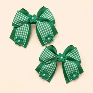 Green plaid bow hair clips with fabric flowers and pearls, cute hair accessories for girls detail