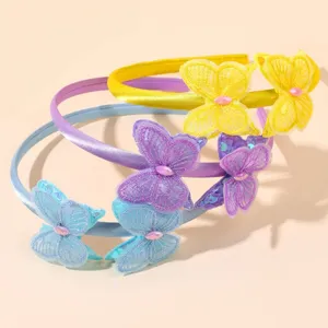 Detailed satin butterfly hair hoop set, vibrant mesh embroidery design for women party.