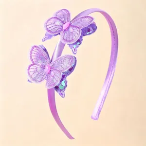 Detail view of purple satin headband with embroidered lace butterflies and sequins hair accessory