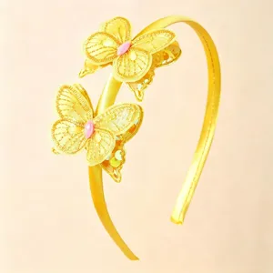 Yellow satin butterfly headband detail, sequin lace hair hoop, sweet party hair accessory detail view