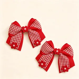 Red white plaid hair bows set grosgrain ribbon pearl flower hair clips for girls kids