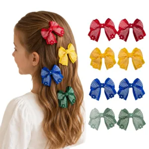 Kids grosgrain plaid hair bows clips with pearls flowers back to school hair accessories set