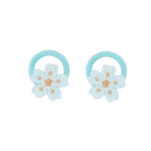 Cute blue knitted flower hair ties for kids, high elastic seamless hair scrunchies and ponytails.