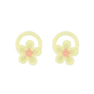 Close-up detail of yellow flower hair ties with pink embroidery, perfect for cute kids hairstyles.