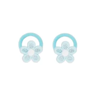 Close-up detail of cute blue and white embroidered flower hair tie with seamless elastic band.