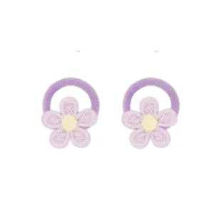 Close-up of cute purple embroidered flower hair tie, elastic seamless towel ring for kids.