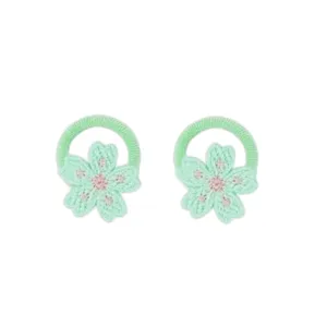 Cute knit flower hair ties for kids, soft elastic green hair bands ponytail holders