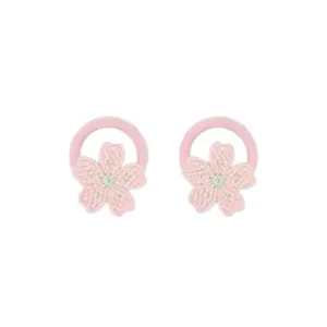 Cute pink flower hair ties details, kids seamless elastic ponytail holders, soft hair rope.