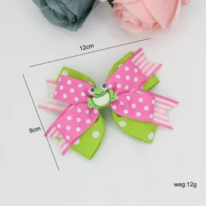 Kids bow hair clip cute polka dot ribbon hair accessory with green frog decor 12x9cm