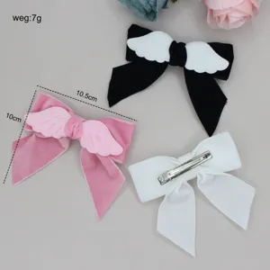 Sweet Lolita velvet bow hair clips with cute plush angel wings, fashion hair accessories.