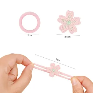 Kids pink floral hair tie with cute cherry blossom embroidery, high elasticity and soft band.