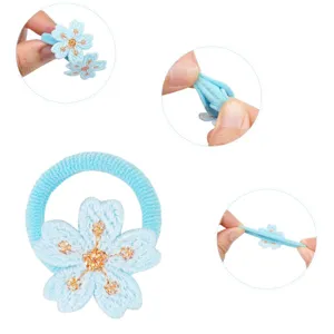 Kids blue embroidered flower hair tie high elasticity seamless hair band ponytail holder
