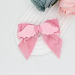 Sweet pink velvet angel wings bow hair clip detail, lovely lolita hair accessory.