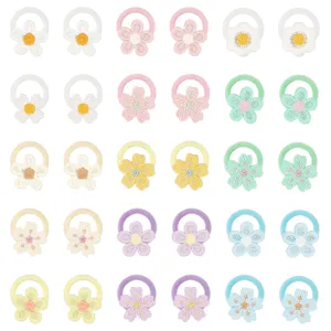 Seamless Fabric Flower Hair Ties Elastic Ponytail Holders Embroidered Floral Hair Bands Rhinestone Accents Headwear For Kids