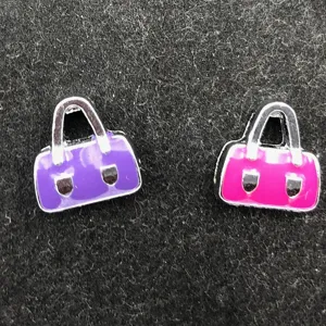 Detail view of 8MM enamel handbag charms, purple and pink metal DIY pendant accessories.